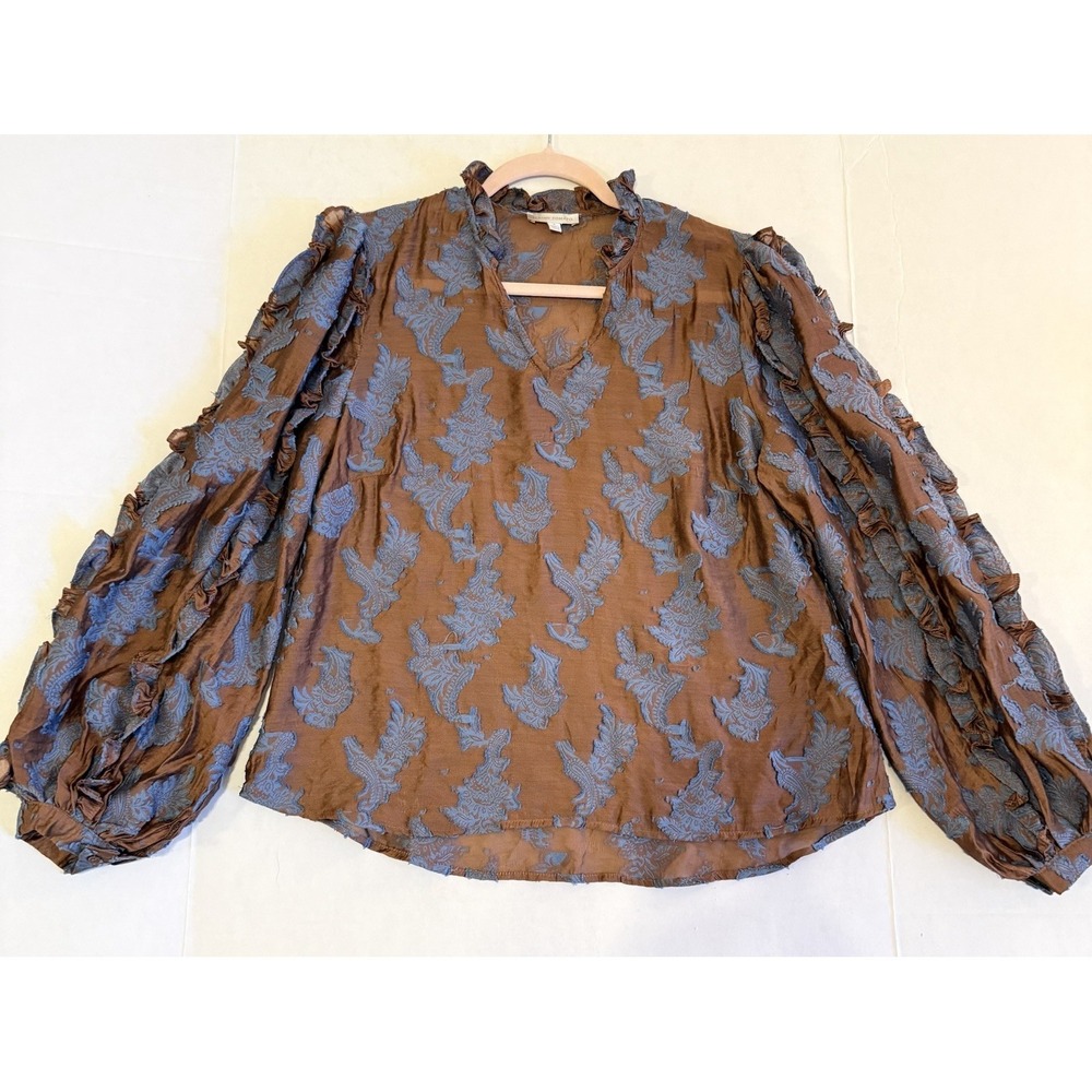 True To Me FLYING TOMATO Jacquard Woven Top Brown Teal Balloon Sleeve Sz Small
